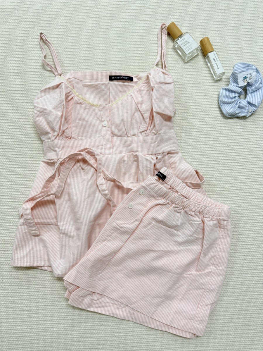 Elastic Lace Trim - Roze gestreepte kant-trim tanktop en shorts