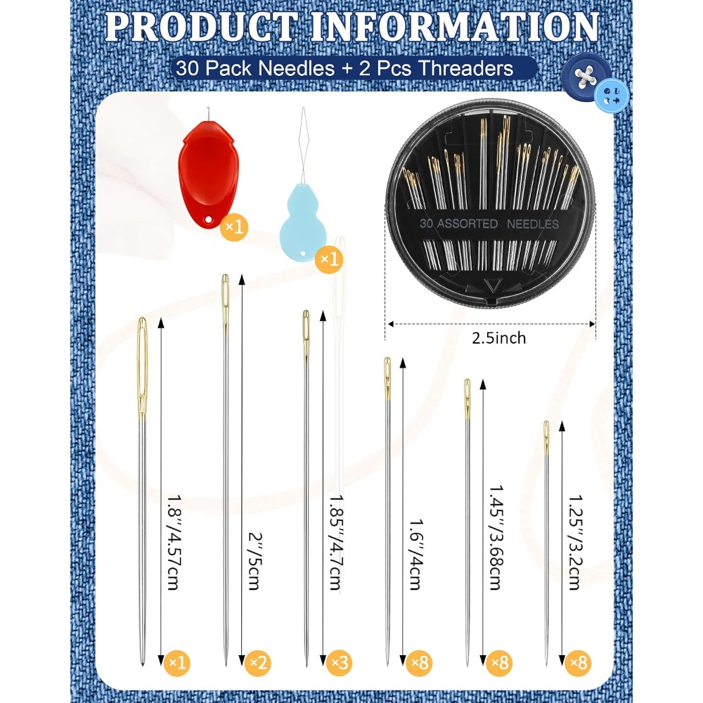 Embroidery Craft - 30-delige set stalen handnaalden, 6 maten,