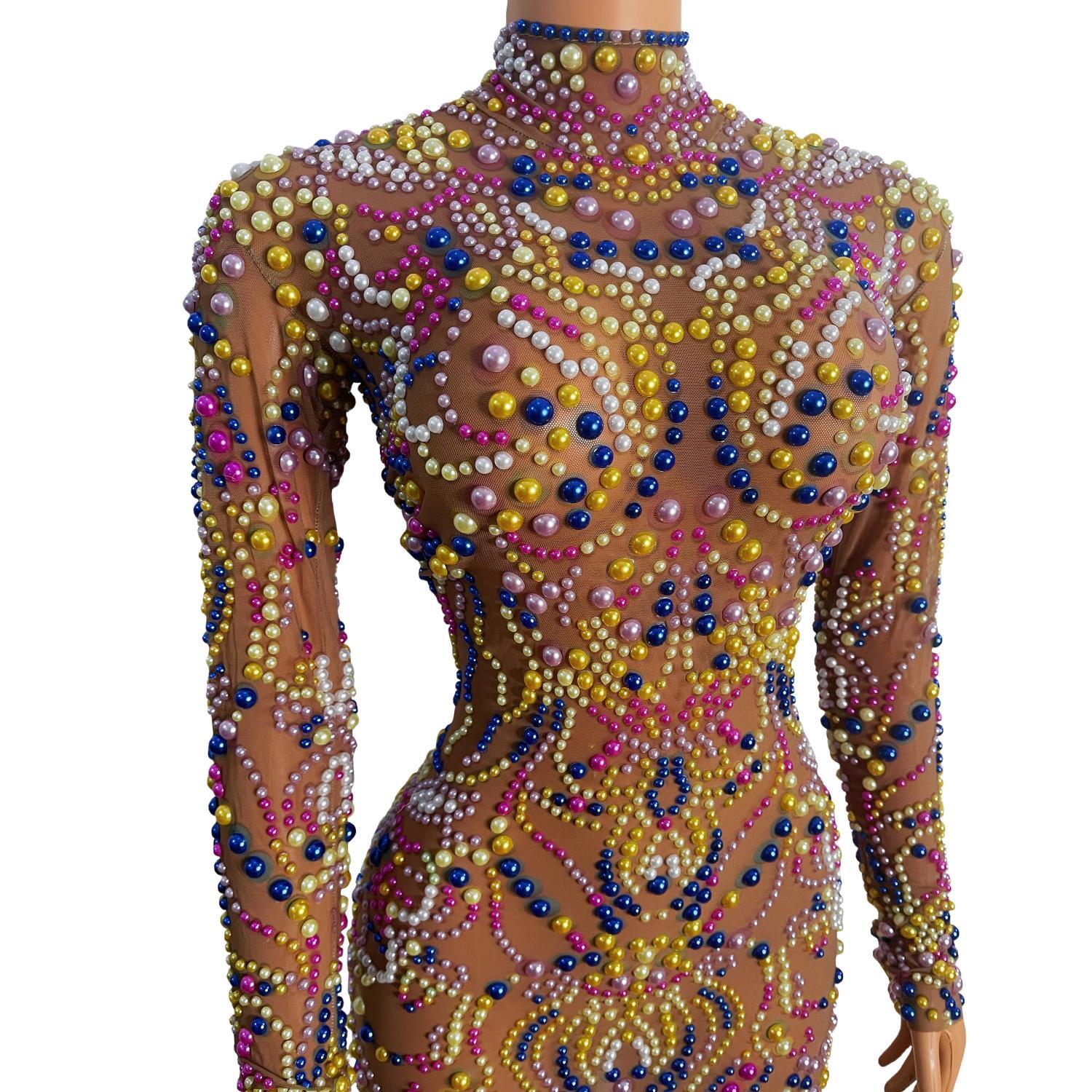 Embellish Knit - Yeguang Dames Naakt Mesh Veelkleurige Parel